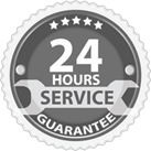 Round gray and sliver seal with: 24 Hours Service in the middle and a wrench as a background image and 5 silver stars at the top. GUARANTEE is in silver at the bottom of the circle. 